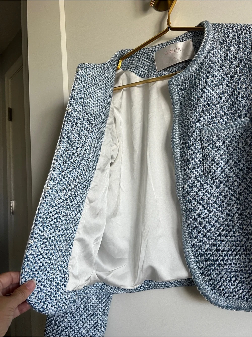 GOELIA Blue White Jacquard Tweed Jacket Sz XL Gold Button Cropped Bouclé Blazer - Picture 14 of 16
